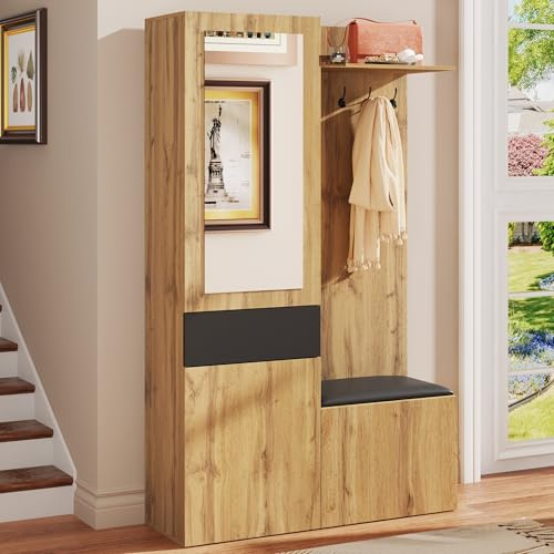 Merax Flurschrank Garderoben Set Eingang Mehrzweckschrank Flur Garderobenset mit Spiegel & Schuhschrank, Flurgarderobe mit 5 Haken, Sitzbank, Schubladen & Ablagefächern Schwarz+Holzoptik