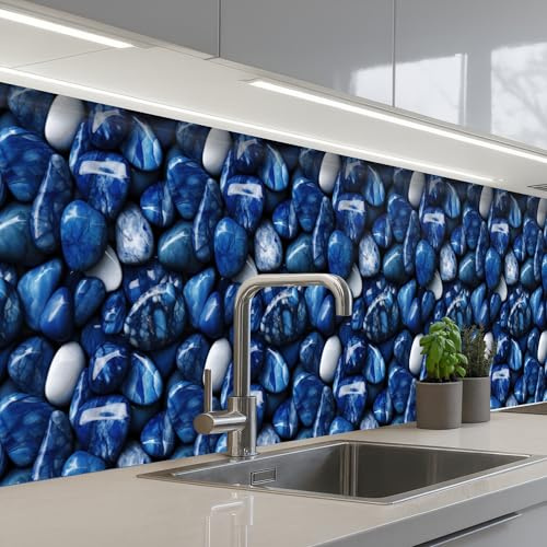 KitchenYeah© Credence Adhesive Pour Cuisine 80x500 cm Panneau Mural Adhesif Fond De Hotte Plaque Pvc Murale Peel And Stick Protege Mur Luxe - Bleu - Marbre - Pierres