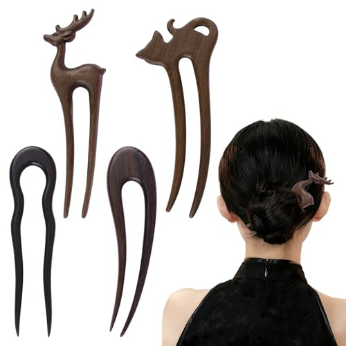 WANDIC Lot de 4 bâtons à Cheveux en Bois, fourchettes en Forme de U, Pinces à Cheveux Plates françaises en U, Baguettes à Cheveux Classiques japonaises pour Femmes
