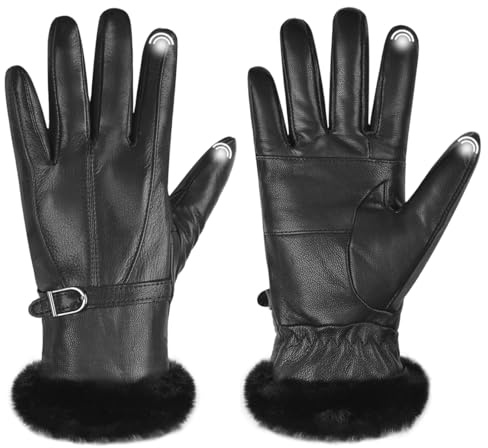 Harssidanzar Damen Lederhandschuhe Winter Thermo Fellgefüttert SL022EU