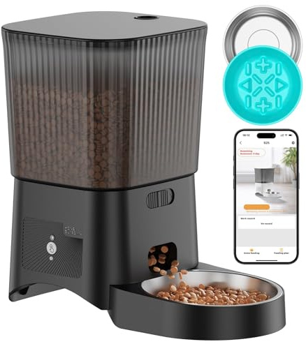 HoneyGuaridan Distributore Automatico Cibo Gatti con WiFi 2.4G/5G, 3,5L Dispenser Crocchette Gatto – Include 1 Ciotole in Acciaio Inossidabile & 1 Ciotole Slow Feeder Anti-Soffocamento