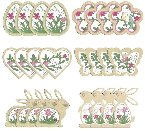 KLINNA 24 colgantes de decoración de primavera de madera, conejo de Pascua, huevos de Pascua, mariposas, flores, adornos para árbol de Pascua, decoración para ventanas, paredes, chimeneas, jardines