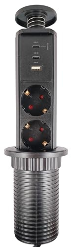 M.PASCUAL – Torre de Enchufes Empotrable 35 cm | 2 Enchufes Tipo C + USB | Negro | Cable 1,8 m | Regleta Empotrable para Mesa, Cocina y Escritorio