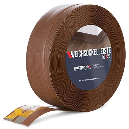 HOLZBRINK Weichsockelleiste selbstklebend PVC 50x20mm, 5 m | Winkelleiste für Küchenarbeitsplatte, Bodenbelag | Eckleiste selbstklebend | Farbe: Eiche Dunkel