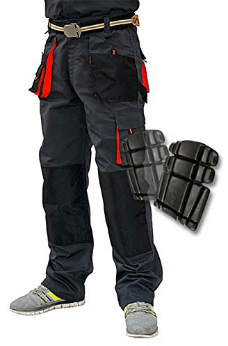 JM Work Trousers Combat Style White Grey - Multi Pocket- Painters Heavy Duty Pants Knee Pad Cargo PC-1 (W36/38 Inch (EU54) with Knee Pads, Dark Grey with Red Inserts)
