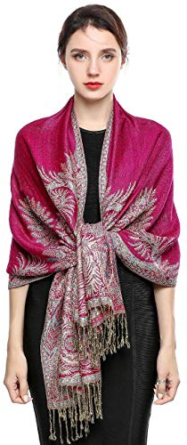 EASE LEAP Écharpe Pashmina pour Femme Châle Paisley Hijab de couleur chaude avec empiècements soyeux et sensation dans les couleurs vives avec des franges 200 * 70cm (Fuschia)