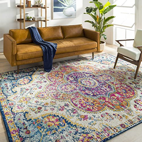 Livabliss Rabat Vintage Rug - Area Rugs Living Room 200x274 cm, Dining Floor, Kitchen, Traditional Multicoloured Boho Rug, Easy Care Pile, Bohemian Large , Fuchsia, Orange and Blue