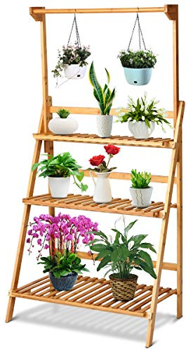 GOPLUS 3 Etagen Blumenleiter klappbar, Blumentreppe mit höhverstellbarer Hängestange, Blumenregal Bambus, Pflanzenständer Blumenständer Pflanzentreppe für Balkon & Garten