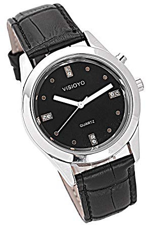 VISIONU Deutsch Sprechende Armbanduhr mit Weckerunktion,Ansage von Uhrzeit und Datum, Schwarz - Ziffernblatt (Schwarz Lederarmband TGSW-2003G)