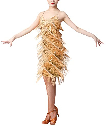 Women's Salsa Latin Dance Dress - Sequin Tassel Fringe Flapper 1920s Gatsby Party Spaghetti Straps Roaring 20s Cocktail Costume - Ballroom Rhythm Tango Cha Cha Rumba - Gold Small