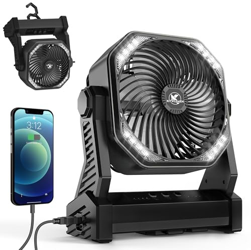 KITWLEMEN 20.000 mAh batteriebetriebener Campingventilator – max. 58 Stunden Kühlung, wiederaufladbarer, batteriebetriebener Tischventilator mit 4 Geschwindigkeiten, helles Licht und Haken zum