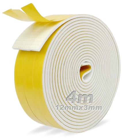 Moosgummi Selbstklebend Weiß Dichtungsband Selbstklebend 12 mm(B) x3 mm(D) Schaumstoff Klebeband für Fenster Türen Siegel Anti-Kollision Schalldämmung 3 Rollen je 4 m lang