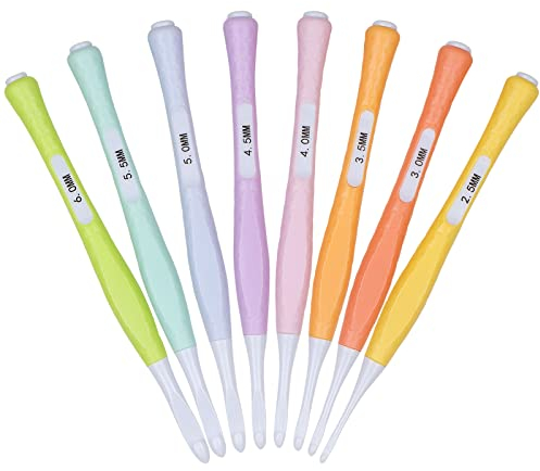 Aeeque 8 Stück Häkelnadel Set, 2,5 mm - 6,0 mm ABS Weichem Gummigriff Häkelnadeln, Ergonomische Häkelnadeln für Arthritische Hände, Kunststoff Häkeln Stricken Nadeln Set für Schals, Socken, Pullover