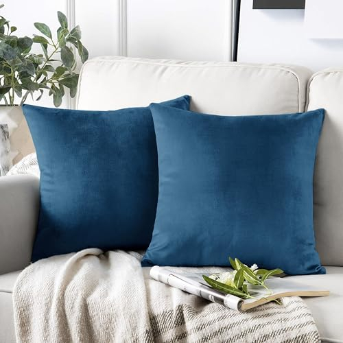 AMEHA Velvet Navy Cushion Cover 45 x 45 cm Pack of 2 Square Throw Pillow Cases Decorative Sofa Cushion Covers for Bedroom Couch Car with Invisible Zipper (18 x 18 Inch)