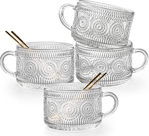 Gutsdoor Lot de 4 tasses à café vintage en verre transparent gaufré de 414 ml, tasses empilables avec cuillère dorée pour céréales, latte, thé, boissons (tournesol)