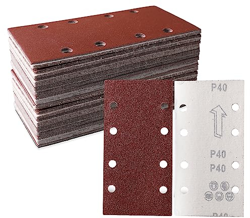 STEBRUAM Abrasivi Carta Vetrata 93 x 185mm per Ricambi Levigatrice Orbitale, Grana 40, 8 Fori per Levigatrice Rettangolare Carta Vetrata Legno Carta Abrasiva - 30 Pezzi