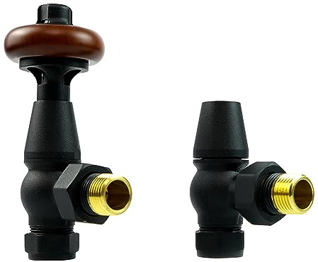 VANCOCO Traditional Matte Black Angled Radiator Valve & Lockshield 1/2×15mm, Thermostatic TRV Pair for Cast Iron or Modern Radiators with Solid Wood Handwheel