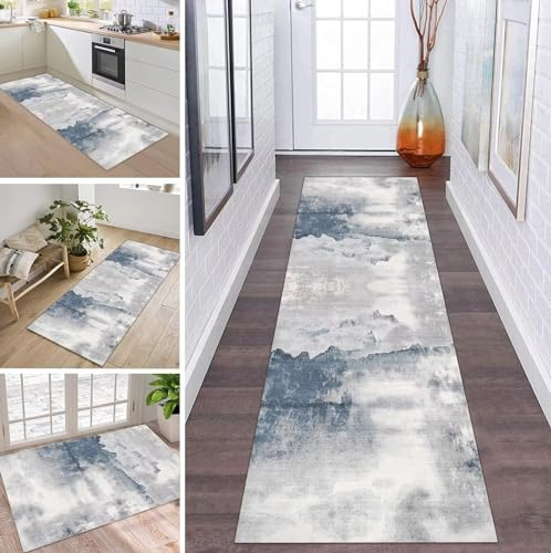 ZDYHMrj Teppich Läufer Flur Küche rutschfest waschbar Teppichläufer Lang Korridor Tepiche 110X350CM Grau Blau Küchenteppich Meterware Bodenmatte Esszimmer Schlafzimmer Wohnzimmer Schmutzfangmatte
