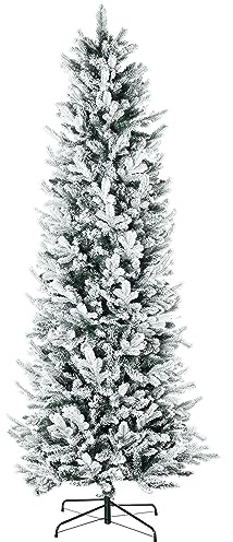 HOMCOM Albero di Natale Slim Innevato 225cm con 988 Rami e Base in Acciaio, Albero di Natale Alto e Stretto per Interni con Apertura Automatica