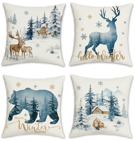 Bonhause 4er Set Kissenbezüge Winter Rentier Blau 45 x 45 cm Bär Hirsch Schnee Kiefer Polyester Leinen Dekorative Kissenhülle Zierkissenbezüge für Sofa Winterurlaub Dekoration