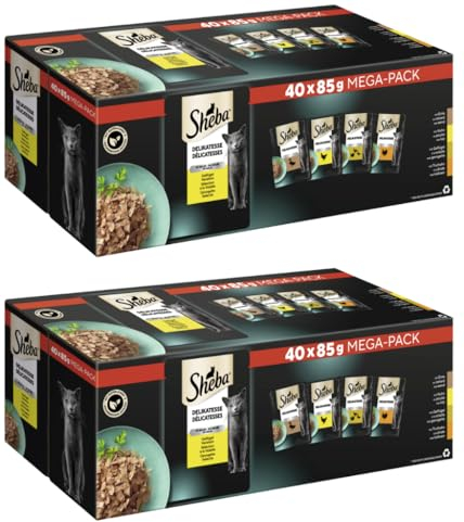 SHEBA Portionsbeutel Mega-Pack Multipack Delikatesse in Gelee Geflügel Variation (2X 3400g, Geflügel)