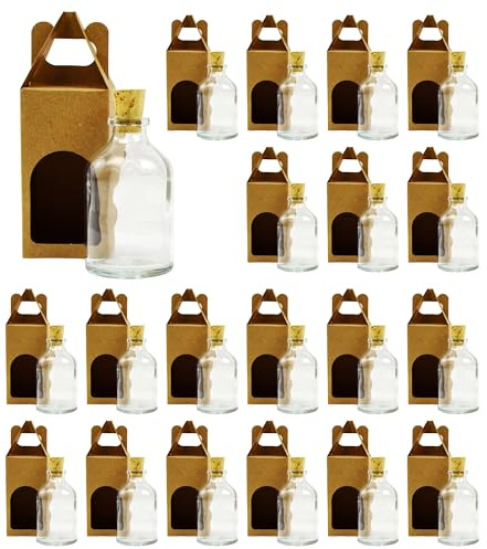 Espirito Rebelde Lot 20 Bouteilles en Verre de 50 ml avec Bouchon en Liège et 20 boîtes - Idéales pour la décoration, le stockage d'épices et les cadeaux chics pour mariages