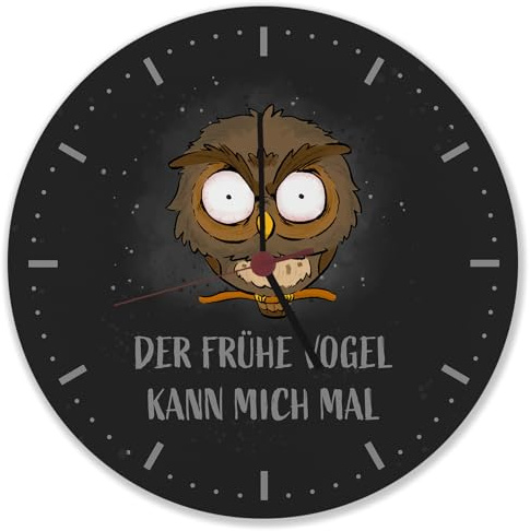 speecheese Eule Wanduhr mit Spruch Der frühe Vogel kann Mich mal Coole Morgenmuffel-Eule Uhr Lustiges Geschenk für Büro Tierfreunde