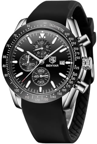 BENYAR by Herren Analoger Chronograph Quarzuhr 30M Wasserdicht Leuchtende Datumsanzeige Freizeituhr Sport Lederuhr.