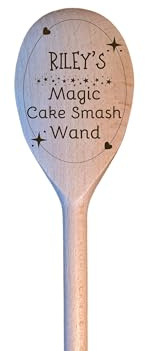 LunaTastic Gifts Personalised Name Date Cake Smash Wooden Spoon Gift - Engraved 1st Birthday Celebration Photo Prop - Keepsake Memory Present for Baby Boy Girl - 30cm Long - Magic Wand