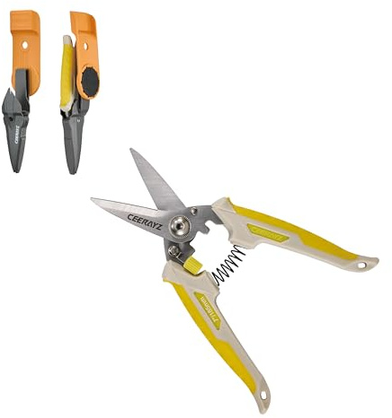 CEERAYZ 185mm Tijeras Multiusos, Tijeras podar, Tijeras Versátiles para proyectos de bricolaje, oficina, líneas de producción y poda, con funda protectora y soporte magnético (Marrón/Amarillo)