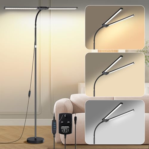 BTTO LED Floor Lamp for Living Room, Modern Bright Reading Lamps for Office, 3 Color Temperature Stepless Dimmable, Dual Head Gooseneck Standing Lamp Adjustable Height Standard Lamps for Bedroom
