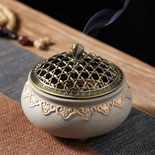 Keramik Weihrauchbehälter, Weihrauchbrenner Exquisiter Porzellan Räuchergefäß Räucherstäbchenhalter Räucherschale mit Metall Deckel und Feuerfeste Matte für Hause Büro Yoga Dekoration
