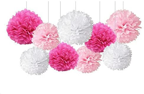 Anevous 9er Party Deko Seidenpapier Pompons, Dekorpapier Blumenpuscheln Papier, Pompons Papier Hochzeit Deko,Wabenbälle Papierfächer für Hochzeit Geburtstag Party Karneval Dekoration,Rosa