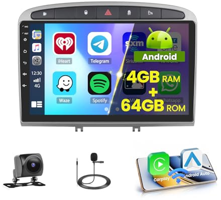 Hikity 4+64G 9 Radio Android para Peugeot 308/408 2007-2015 | IPS Pantalla Táctil Wireless Carplay Radio 2 DIN GPS Bluetooth 5.0 5G WiFi FM/RDS Cámara Trasera Control del Volante 4+64G