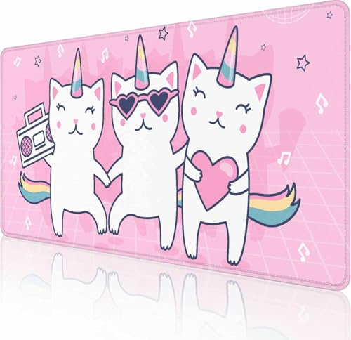 Gaming-Mauspad, XXL, erweiterte Computer-Tastatur, langes Mauspad, große Schreibtischunterlage für Büro-Laptop, rutschfeste Gummiunterseite mit genähtem Rand, 35,4 x 15,78 cm, süßes Einhorn-Katze