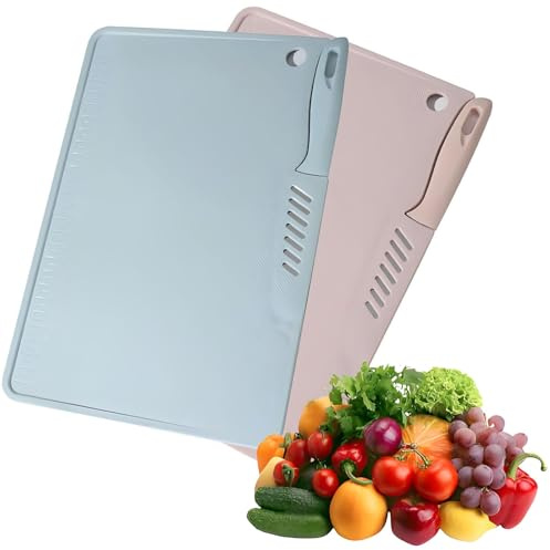 2 taglieri da campeggio, 2 in 1, multifunzione, tagliere in plastica con coltello, doppio lato in plastica con foro di sospensione 29 x 20 cm (rosa, blu)