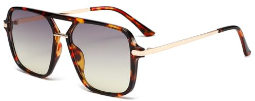 Long Keeper Retro pilotsolglasögon män kvinnor fyrkantiga solglasögon pilotglasögon dubbla steg klassisk retro 70-tals pilotglasögon med UV-skydd, Leopard ram – grå gul färggradient glas