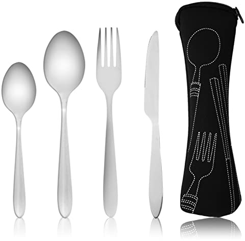 Ensemble de 4 couverts avec étui portable, couverts en acier inoxydable, ensemble d'ustensiles de camping avec sac en néoprène pour l'extérieur, voyage, pique-nique, bureau, école, boîte à déjeuner