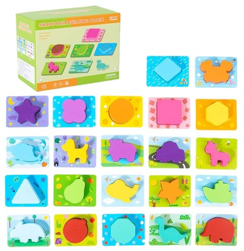 Wooden Shape Puzzles, Color Shape Sorting Toys, Easy Grip Stacking Blocks and Sturdy Smooth Wood Design, Brain Teaser Sensory Learning for Kids Preschool Indoor Playtime