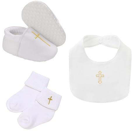 Baby Baptism Cross Sneaker Shoes & Socks, White Christening Baptism Sets for Baby,3Pcs (Style1 Gold Cross, 0-6 Months Infant)