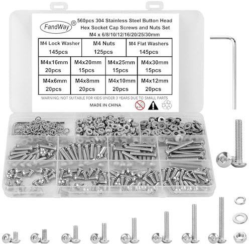 FandWay Set di viti M4, 560 viti a testa bombata con esagono incassato, viti filettate a testa tonda, viti esagonali in acciaio inox 304, viti per macchina e rondelle con 1 chiave.