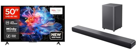 Bundle of TCL 50V6C Direct LED Smart TV, 4K HDR, Google TV (Dolby Audio, Motion Clarity) + TCL Dolby Atmos 2.1 Channel S55HE Soundbar, 220W MAX Power with Dual Bass System, Wireless Subwoofer