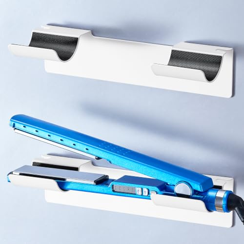 LOXSUN 2 PCS Wall Mount Curling Iron Holder and Hair Tool Organizer with Adhesive, Multifunctional Hot Flat Iron and Hair Straightener Holder Storage Stand for Vanity, Cabinet and Wall, White