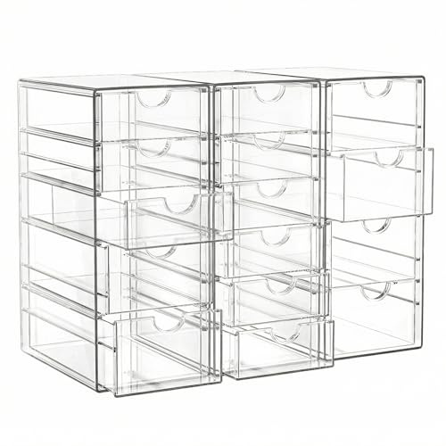 QWORK® Acryl-Durchsichtig 15 Schubladen, Kristallklar, Gesamtgröße 31,5 x 17,5 x 25 cm - für Make-up, Schmuck, Schreibwaren
