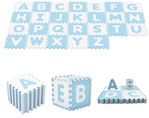 HONEY JOY Foam Floor Tiles for Kids, 12.5” x 12.5” EVA 26-Piece Interlocking Alphabet Puzzle Play Mat, Non-Slip Large Soft Carpet Rug, Easy to Clean, for Baby Crawling Exercise, Playroom (Blue)