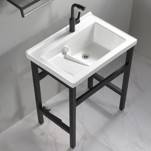 Lavabo per Lavanderia In Ceramica Autoportante con Telaio In Acciaio, Lavandino Bagno con Asse per Lavare i Panni, Ideale per Lavanderia, Ripostiglio, Garage, Cantina(70cm/28in)