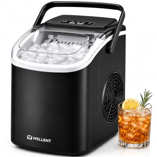 WELLENT Eiswürfelmaschine Klein – Ice Maker mit Selbstreinigung & 2 Größen, 8 Würfel in 6 Min (12kg/24h) – Tragbarer Tisch-Ice Maker für Küche, Büro, RV, Bar, Camping & Fußballabend