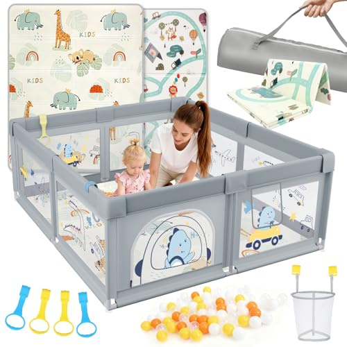 SPYLAVE Laufstall Baby 150x180cm mit Matratze, XL Laufgitter Baby mit Rutschfestem Boden & Atmungsaktivem Netz, 210D Oxford Gewebe, Stabiler & Sicherer Babyspielplatz, Playpen, 60 Bällen, 4 Griffe