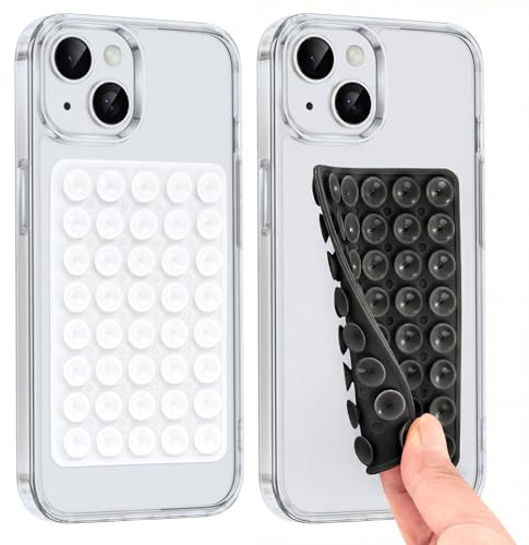 Yxnvixn 2PCS Silicone Suction Cup Phone Case Mount Double Sided, Silicon Sticky Phone Grip with Higher Suction Power for Selfies and Videos Glass Tile Mirror, For All Phone(White Black)