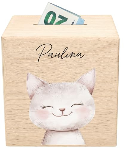 Katze Spardose für Kinder personalisiert Bauernhof Tiere Sparbox aus Holz Sparschwein mit Schlüssel Geschenk für Jungen & Mädchen Holzspardose